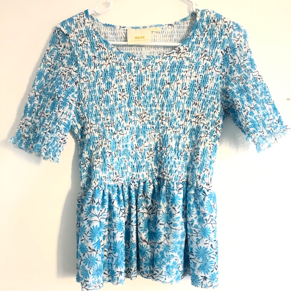 Maeve for Anthropologie Blue Floral Smocked Top